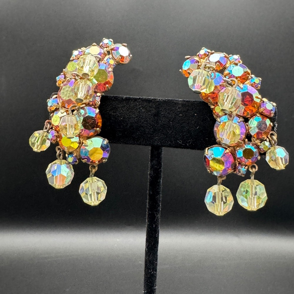 Vintage Earlobe Aurora Borealis Cluster Clip On Earrings Rhinestone Runway - Picture 2 of 9